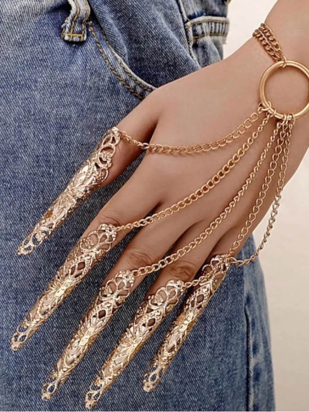 New Gold Filigree Finger Armor Chain Bracelet